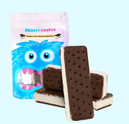 Three freeze dry ice cream sandwiches in front of their packaging.
